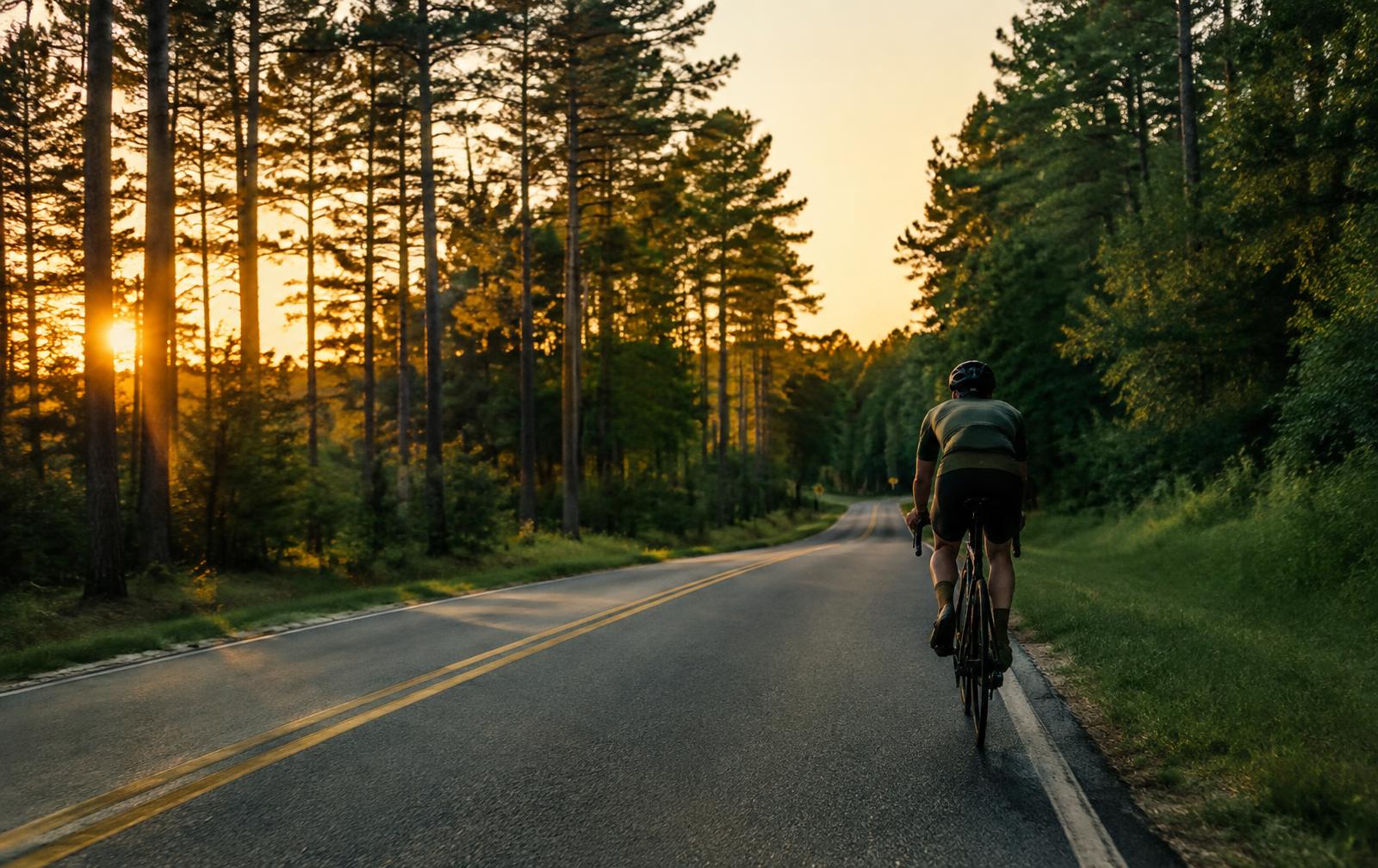 Cyclist riding along a tree-lined two-lane road in northwest Georgia at sunset